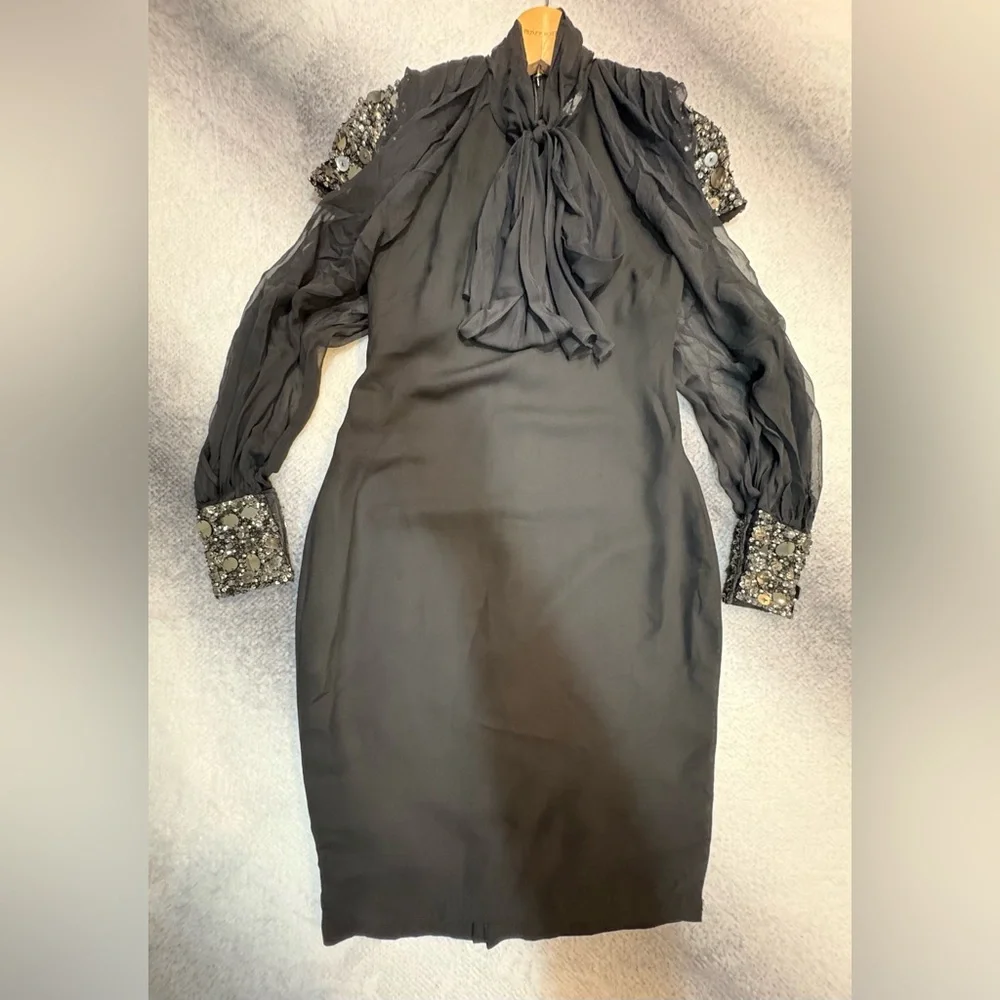 Badgley Mischka Black Crepe Chiffon Open Sleeve‎ Jeweled Bead Cuff Dress XS 0 2